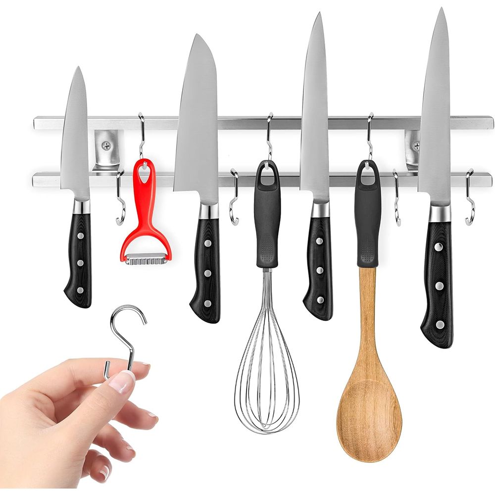 Magnetic Knife Strip - 16インチステンレス鋼製磁気ナイフホルダー、壁掛け式ダブルバー（8フック付き）-多目的ナイフ磁気ストリップ、ユート