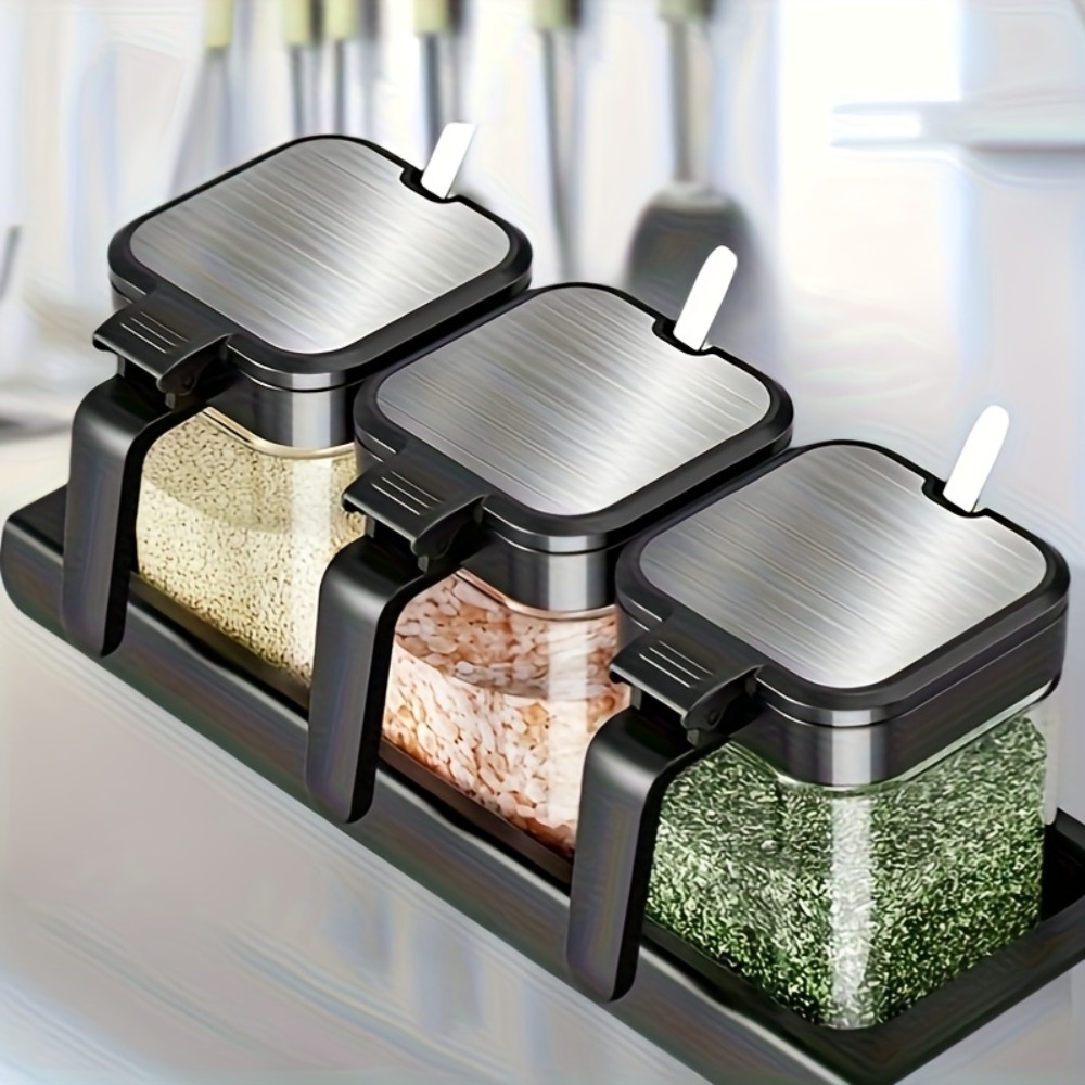 Korean Kitchen Gadgets - スパイスジャー3個セット、スプーン付き、10オンスガラスジャー、スパイスジャーセット、調味料ジャー、オーガナイザー、スパイスラック用収納ボトル