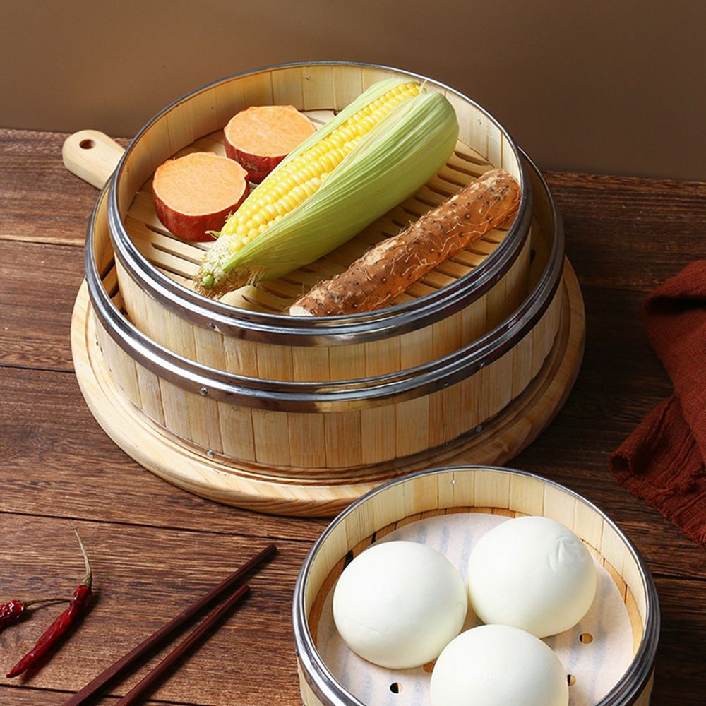 Kitchen Gadgets Ideas - スチールハンドルのギフトに最適な中国のキッチン用品、竹編みの蓋付き竹蒸し器、蒸しバスケット、食品蒸し器