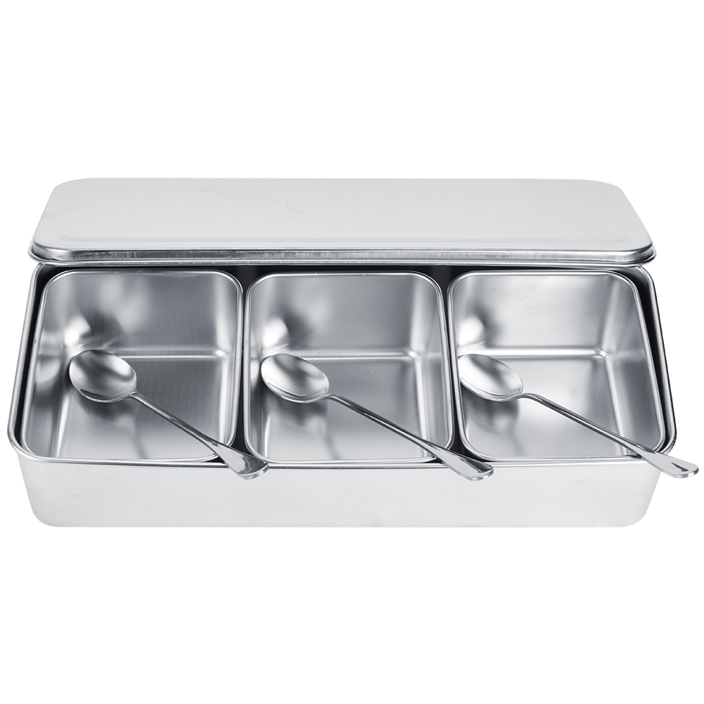 Korean Kitchen Gadgets - 家庭用3グリッドステンレススチール調味料ボックスジャー、スパイスコンテナセット、スプーン付き、蓋付き調味料ジャー、オーガナイザー収納ボックス