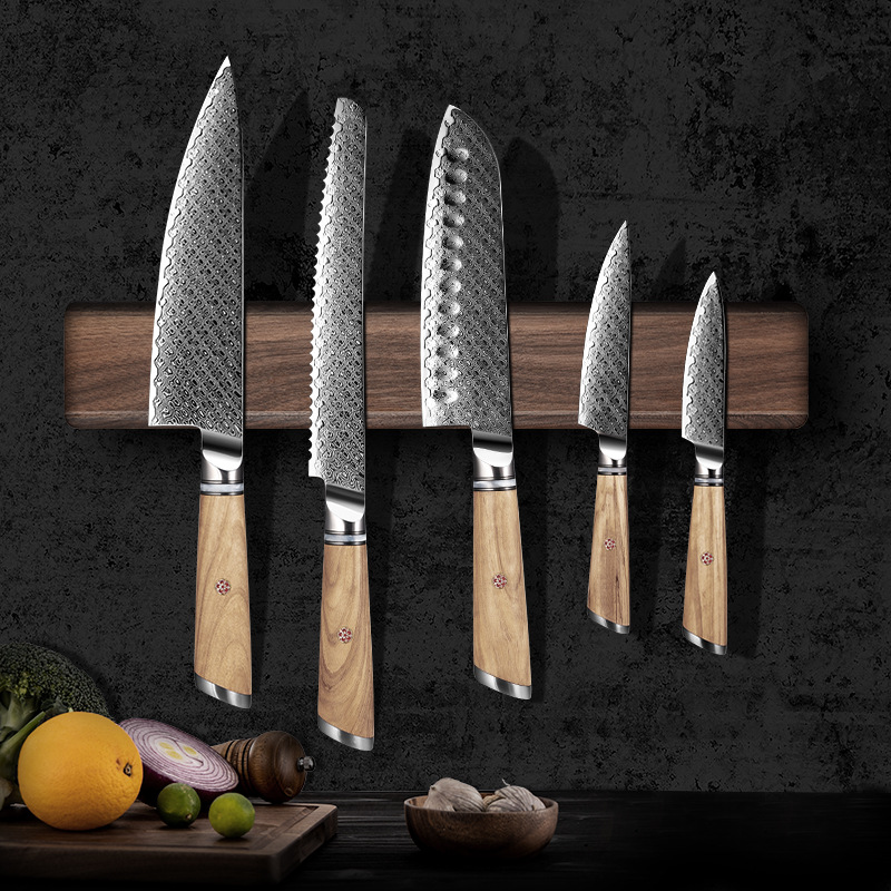 Magnetic Knife Strip - 40-46CM強力磁気式ナイフホルダー、ウォールナット材製、家庭・レストラン・キッチン用ナイフラック、壁掛け式、日本製三徳包丁用バー