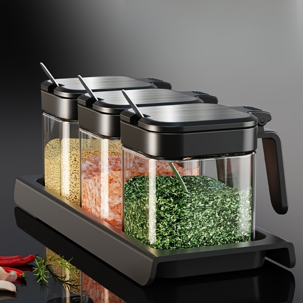 スパイスジャー3個セット、スプーン付き、10オンスガラスジャ - Korean Kitchen Gadgets のレビューと価格